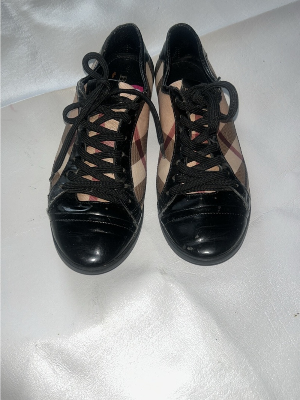Burberry Tan Check Lace-Up Sneakers with Black Patent Toe
